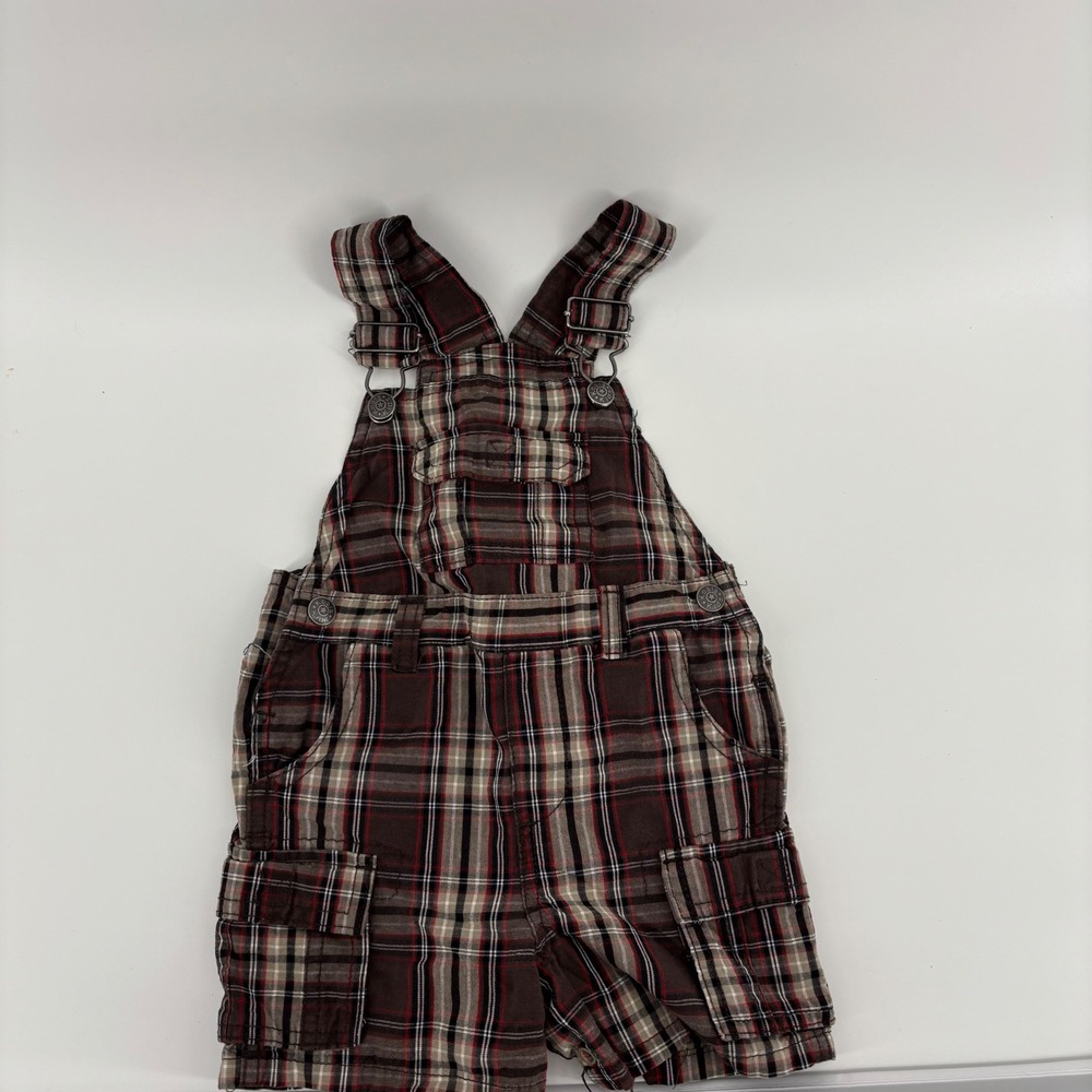 Koala Kids‎ Plaid Shortalls Kids 24M Brown Good Cargo Pockets Cotton Snap Inseam